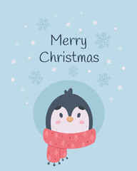 Merry Christmas greeting card. Cute penguin character with scarf. Christmas animals, winter time. Vector illustration
