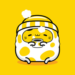 cute cat character drink hot coffee