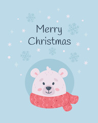 Merry Christmas greeting card. Cute white bear character with scarf. Christmas animals, winter time. Vector illustration