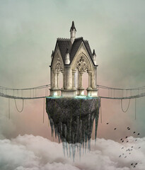 Old gothic building floating over the clouds - 470692567