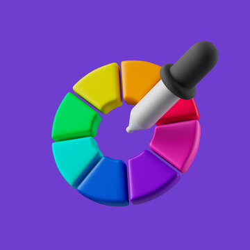 Simple color picker tool with pipette and rainbow ring 3d render illustartion