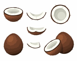 Coconut brown fruit set with nut segments, half, cut slice on white background. Summer fruits for healthy lifestyle. Tropical food, organic natural product. Vector illustration