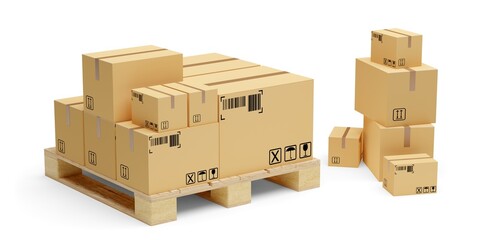 Carton cardboard boxes on wooden pallet and heap of boxes over white background, freight, cargo, delivery or storage concept