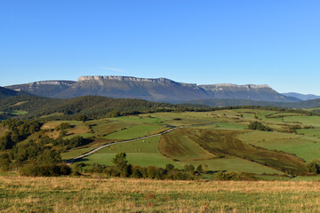 Landscape with meadows and the mountains of Sierra Salvada. Alava. Basque Country. Spain