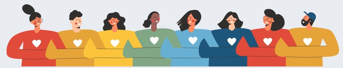 Young diverse rainbow colored people group in chain. LGBTQ pride community, unity, equality and solidarity. Different friends community. Representative person. Flat vector cartoon illustration banner