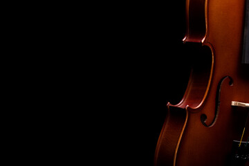 Part of a violin or viola on a black background