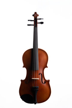 A full body shot of a violin or viola on a white background
