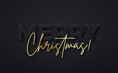 Merry Christmas and Happy New Year background. Golden text on luxury dark background. Merry Christmas greeting card, poster or web banner