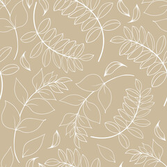 Seamless pattern with decorative leaves on beige background. Hand drawn vector illustration.