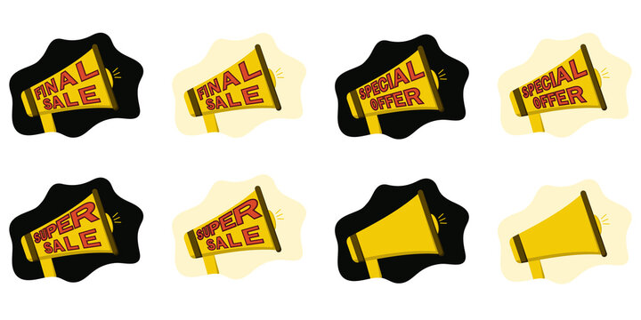 a set with a picture of a loudspeaker announcing promotions, upcoming discounts, special offers. Variants of the image on a light and dark background. Stickers are isolated on a white background.
