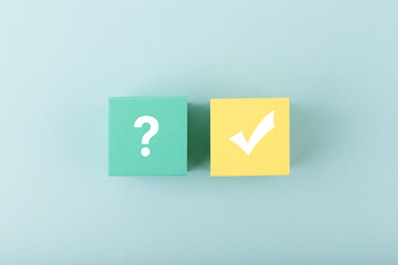 Concept of searching for solution or ideas, doubts, uncertainty and final good result. Question sign and checkmark