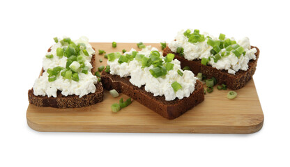 Bread with cottage cheese and green onion on white background