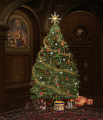 Old luxury room with a shiny Christmas tree and gift boxes