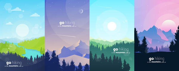 Abstract landscape vector set. Banners set with polygonal mountains landscape illustrations. Minimalistic style. Flat design. Travel concept of discovering, exploring, observing nature. Hiking.