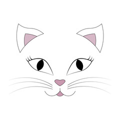 stylized cat face black line on white background, vector illustration, pink elements, decor element for childrens things