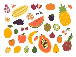 Doodle fresh fruits. Sketch fruit, simple decorative food composition. Isolated graphic art abstract apple and berries, exotic tropical sweets classy vector set