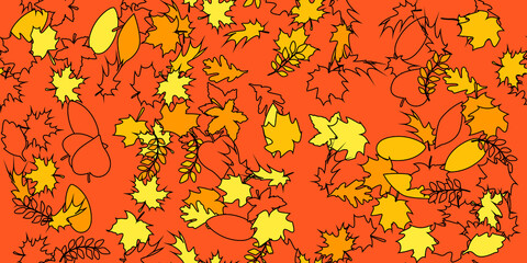 Vector background with red, orange and yellow falling autumn leaves. Abstract seamless pattern from different leafs. Vector illustration on deep orange background