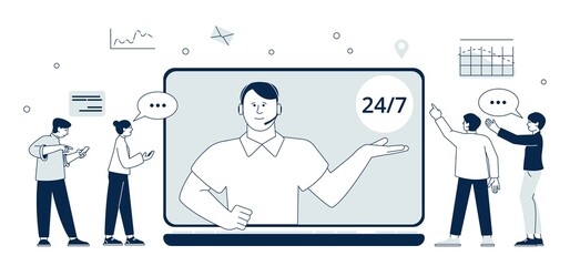 Online helping service. Professional client assistance, advice support. Chat system with hotline operator, helpdesk or call center recent vector concept
