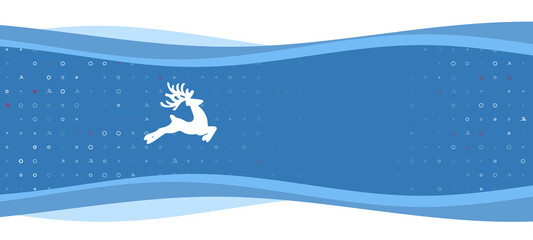 Fototapeta na wymiar Blue wavy banner with a white Christmas deer symbol on the left. On the background there are small white shapes, some are highlighted in red. There is an empty space for text on the right side