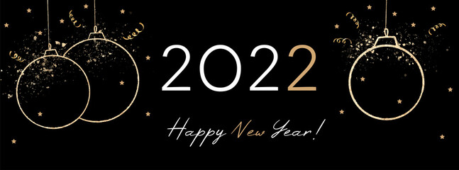 Happy New Year 2022 banner with hand drawn hanging ball decoration.