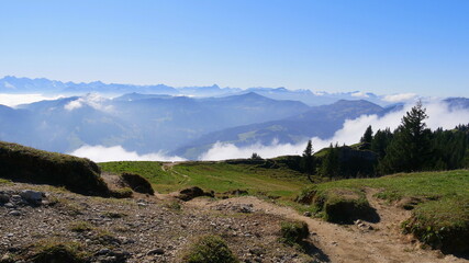 Blick vom Steinköpfle in der Nagelfluhkette auf die umliegenden Allgäuer Alpen