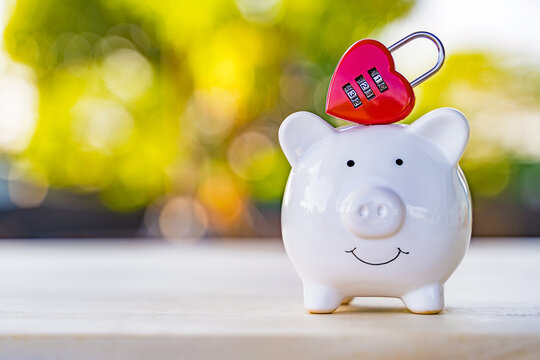 Piggy bank and red key heart shaped with security and lock on the top with save on sunlight in public park, Prevent for asset and saving money for buy health insurance concept.