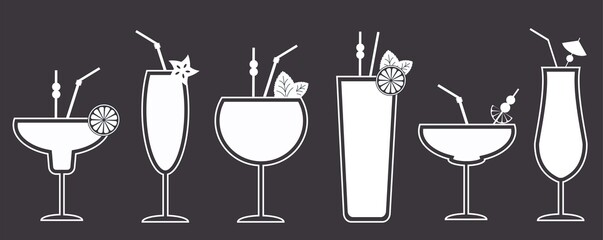 Set of 6 white minimalism cocktail icons for menu. Deep violet background.