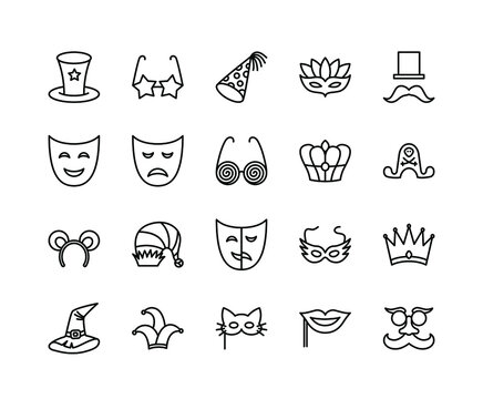 Carnival masks flat line icons set. Masks with feathers, Masquerade party mask, Rabbit Ears, Smiling Lips, Princess Crown. Simple flat vector illustration for web site or mobile app
