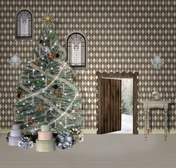 Old fashioned fantasy christmas room with an open door to the snowy forest