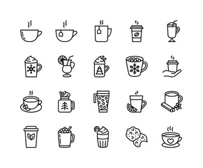 Winter drinks flat line icons set. Tea, cocoa with marshmallows, winter warming drinks and hot cappuccino and latte cups. Simple flat vector illustration for web site or mobile app