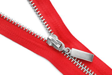 Red zipper on white background, top view © New Africa