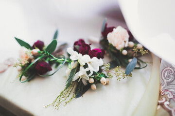 Obraz na płótnie Canvas Beautiful wedding bouquet with different flowers, roses