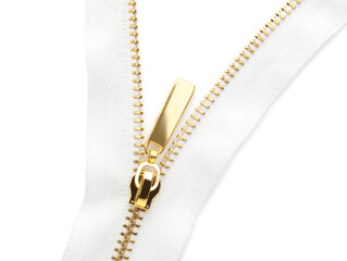 Golden zipper on white background, top view