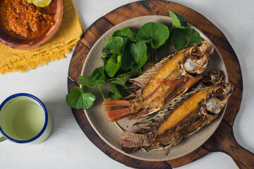 Fried Tilapia fish with cantella asiatica and hot and spicy sauce as side dish against white background