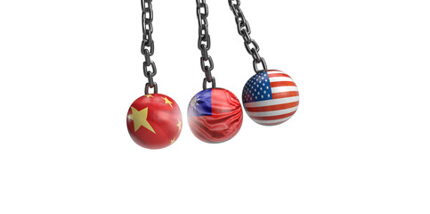 Flags of China, United States of America and Taiwan on wrecking balls swinging attack fight to each others, Business, government USA and Taiwan vs China in World political land war concept.3d render.