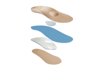 Medical insoles. Isolated orthopedic insoles on a white background. Treatment and prevention of flat feet and foot diseases. Foot care. Insole cutaway layers.