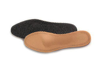 Medical insoles. Isolated orthopedic insoles on a white background. Treatment and prevention of flat feet and foot diseases. Foot care. Insole cutaway layers.