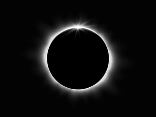 Total solar eclipse. Planet with sun rays on dark background. Realistic sunrise in space. Earth horizon with glow. Black circle with white shine. Vector illustration