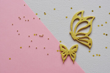 Variety of gold and pastel Butterflies Image in flatlay style. butterfly background. Different pastel colours. Christmas decoration. holiday. Top view flatlay . background for children's party. 