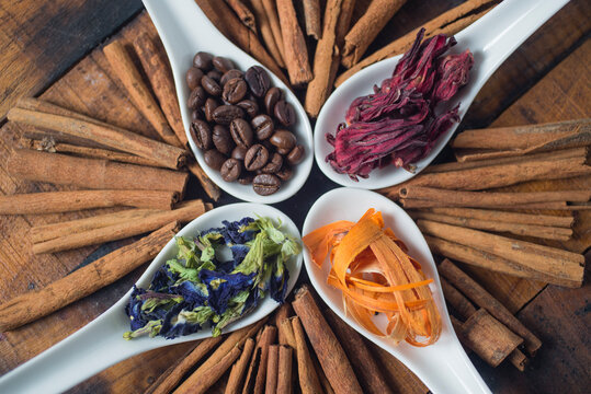 Beverage ingredients, coffee, cinnamon, butterfly pea flower, hibiscus tea from roselle flower and sappanwood tree tea