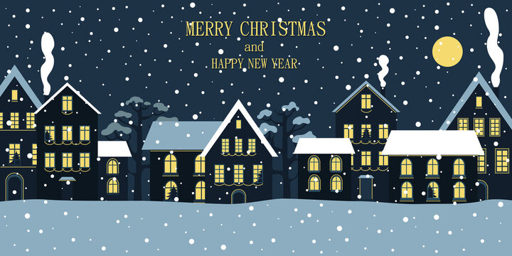 Banner with the image of the night city. Merry christmas and new year. Design elements for banner, flyer, postcard, poster.