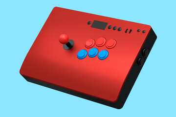 Vintage red arcade stick with joystick and tournament-grade buttons on blue