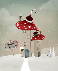 Fantasy christmas landscape with bizarre mushroom