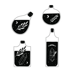 Set of hand drawn illustrations of magic potions. Bottles with crystals, leaves, moon and stars. Cute concept drawings for decorations, stickers, cards. Vector isolated on white.