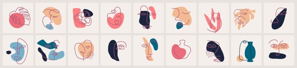 Minimal continuous one line faces set. Various Shapes and objects. Contemporary modern icons templates for posters, Social media. Vector