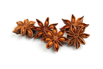 Dry anise stars with seeds on white background