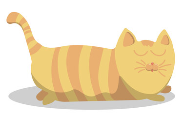 fat ginger cat is lying and quite basking in sun. Tabby ginger cat on vacation. Childrens vector illustration