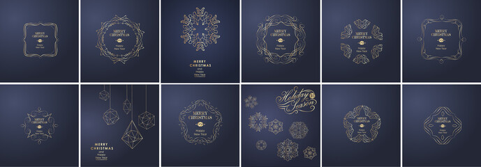 Christmas and New Year greeting card and poster design with festive calligraphy, snowflakes stars and monograms. Vector