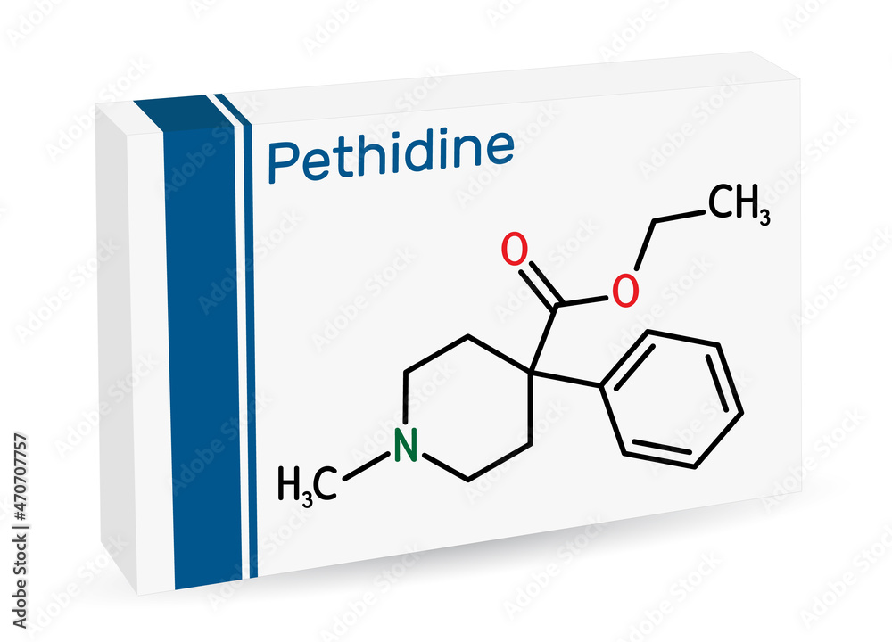 Canvas Prints Pethidine, meperidin molecule. It is opioid agonist with analgesic and sedative properties used to manage moderate-to-severe pain. Skeletal chemical formula. Paper packaging for drugs