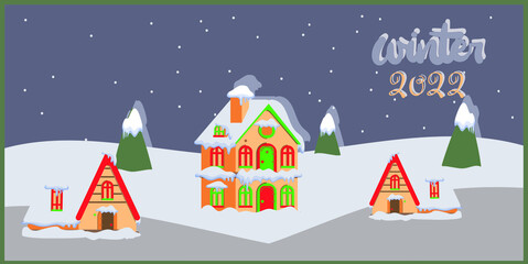 Happy New Year and Merry Christmas 2022! Holiday greeting card. Winter houses and Christmas trees.